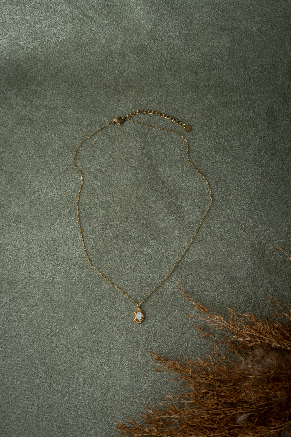 A delicate gold chain necklace with a small oval mother of pearl pendant resting on a textured sage green surface, styled with dried brown grass in the corner.