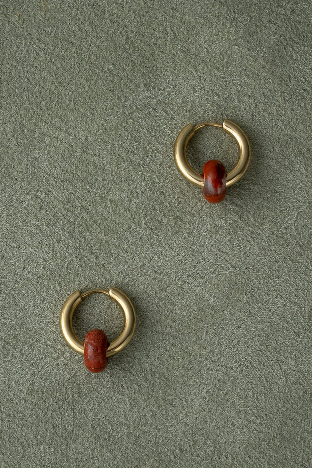 Gold Hoop Earrings with Red Natural Stone