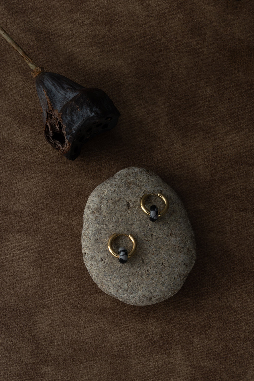 Gold Hoop Earrings with Black Stone