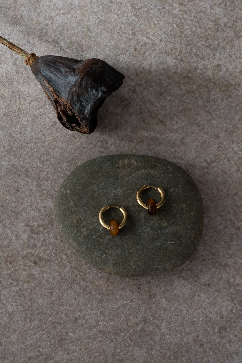 Gold Hoop Earrings with Tiger Eye