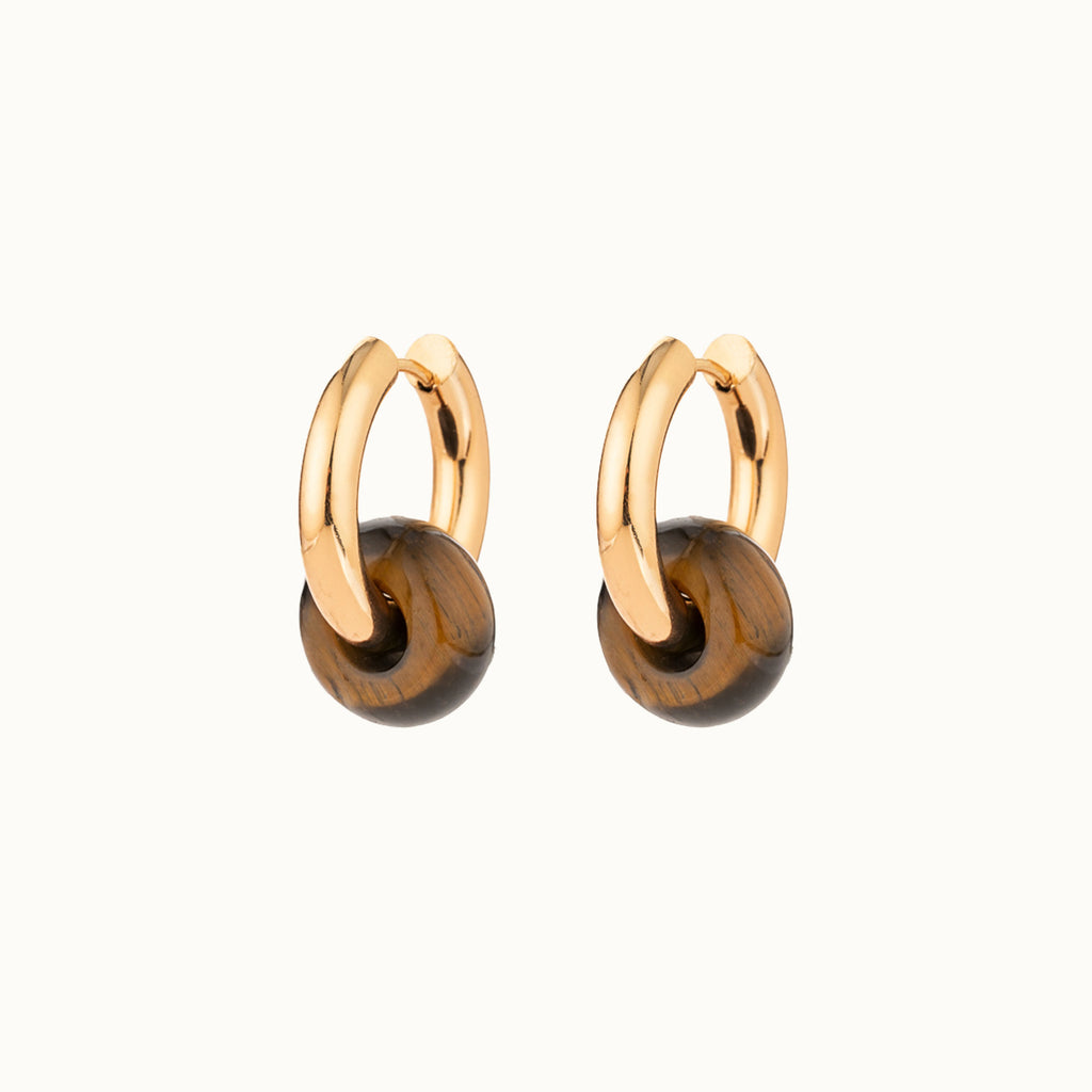 Gold Hoop Earrings with Tiger Eye