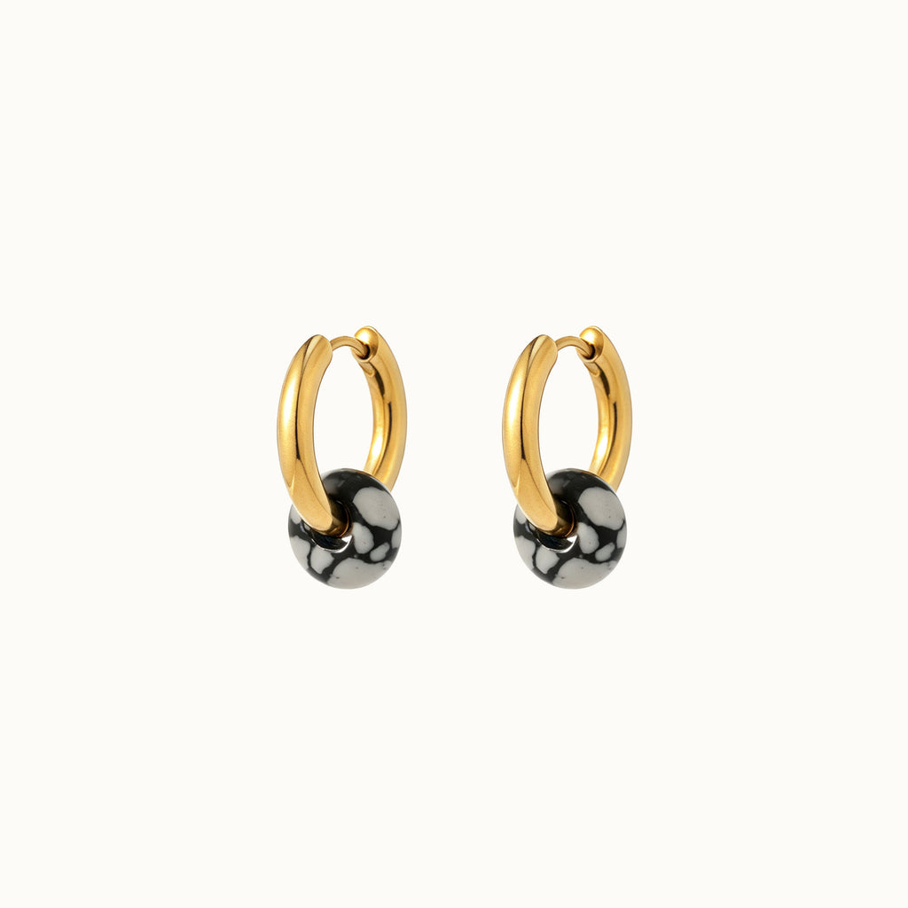 Gold Hoop Earrings with Black Stone