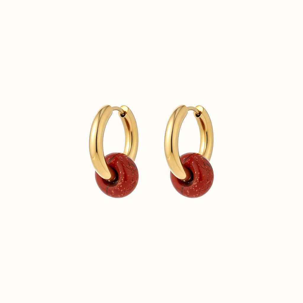 Gold Hoop Earrings with Red Natural Stone