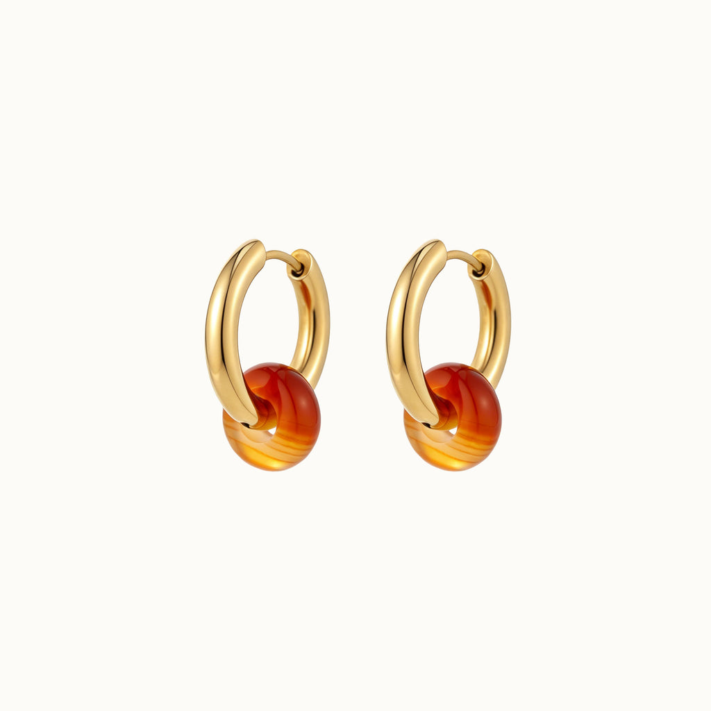 Gold Hoop Earrings with Red Agate