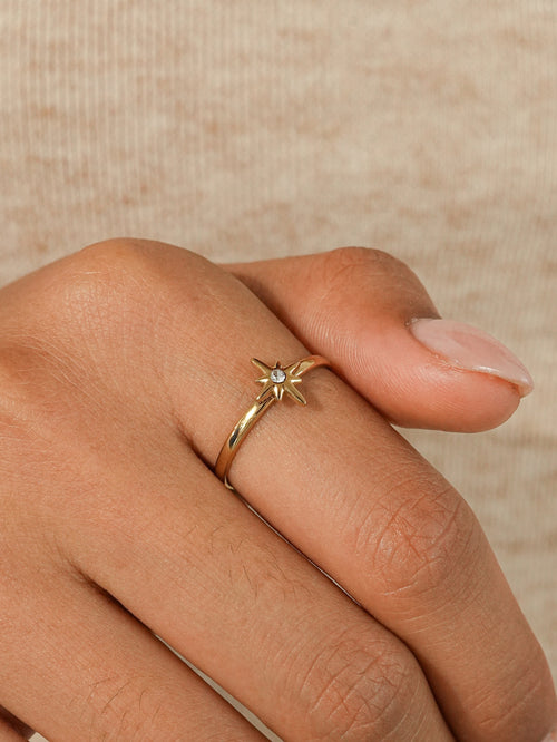 A close-up of a hand wearing a delicate gold ring with a small starburst cluster of clear stones, set against a soft beige knit background.