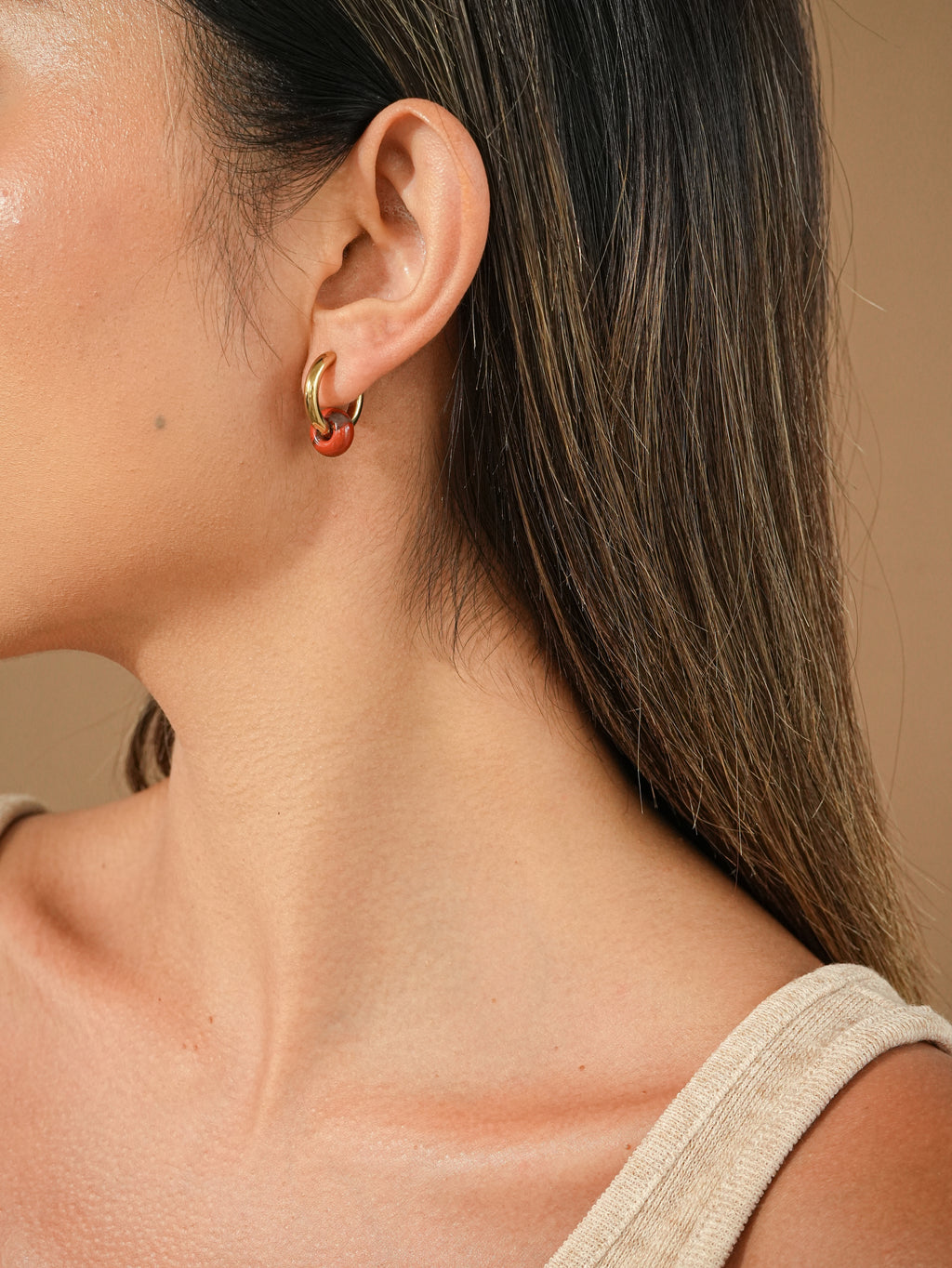 Gold Hoop Earrings with Red Natural Stone