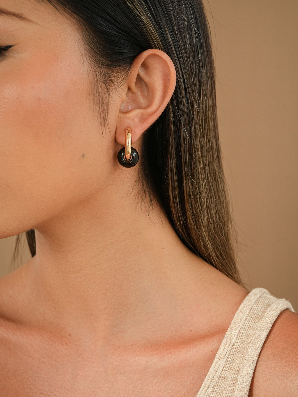 Gold Hoop Earrings with Tiger Eye